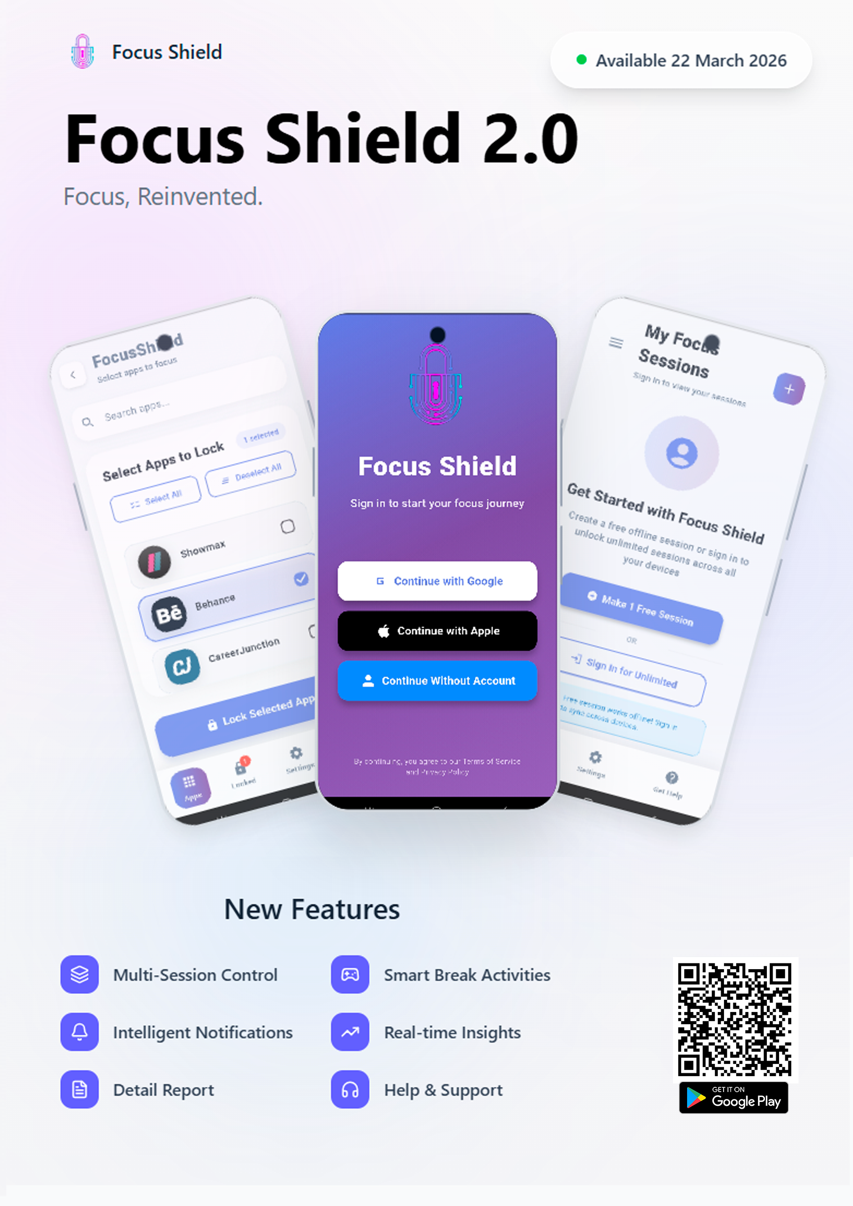 Focus Shield 2.0 New Features — Multi-Session Control, Intelligent Notifications, Smart Break Activities, Real-time Insights, Detail Report and Help & Support